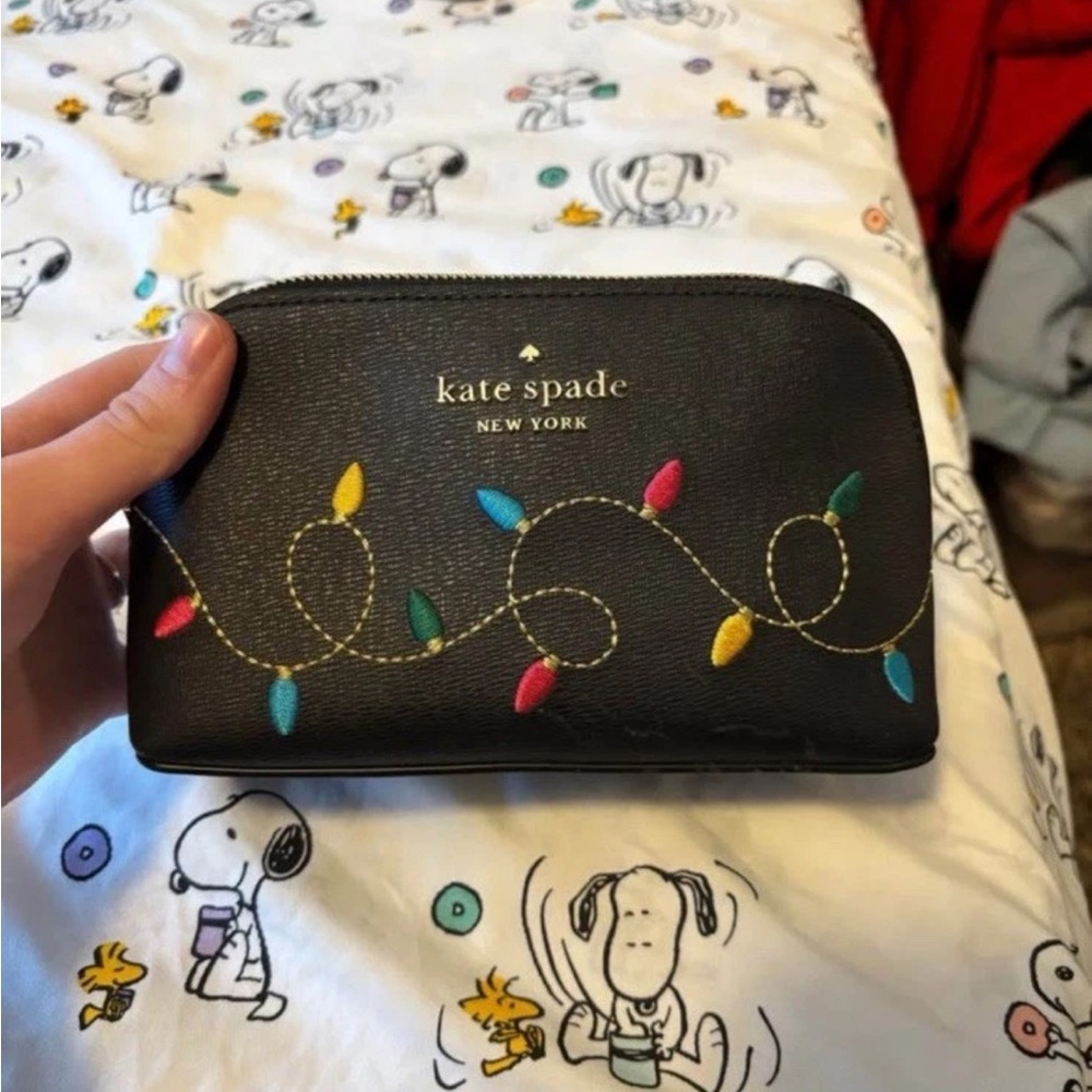 Kate Spade Black Cosmetic Bag with Colorful Christmas Holiday Lights